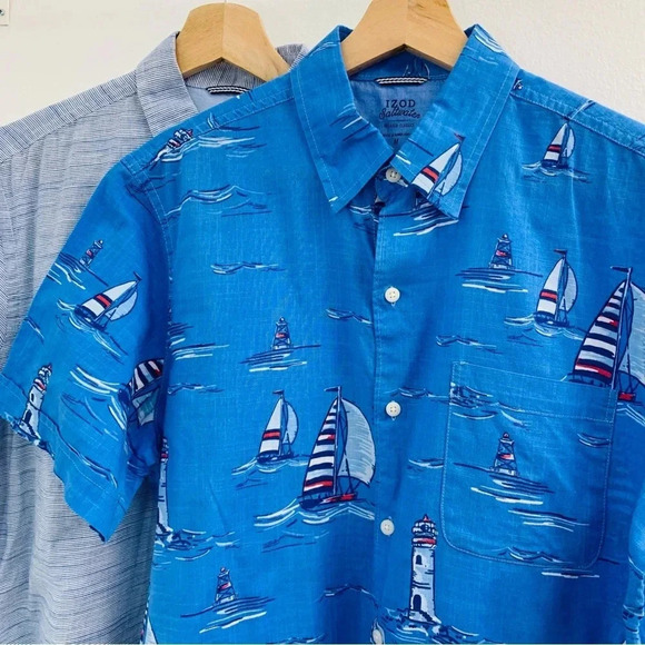 Izod Saltwater‎ Relax  Shirt Men Lot Medium  Nautical Print Blue Stripe Cotton - Picture 1 of 12